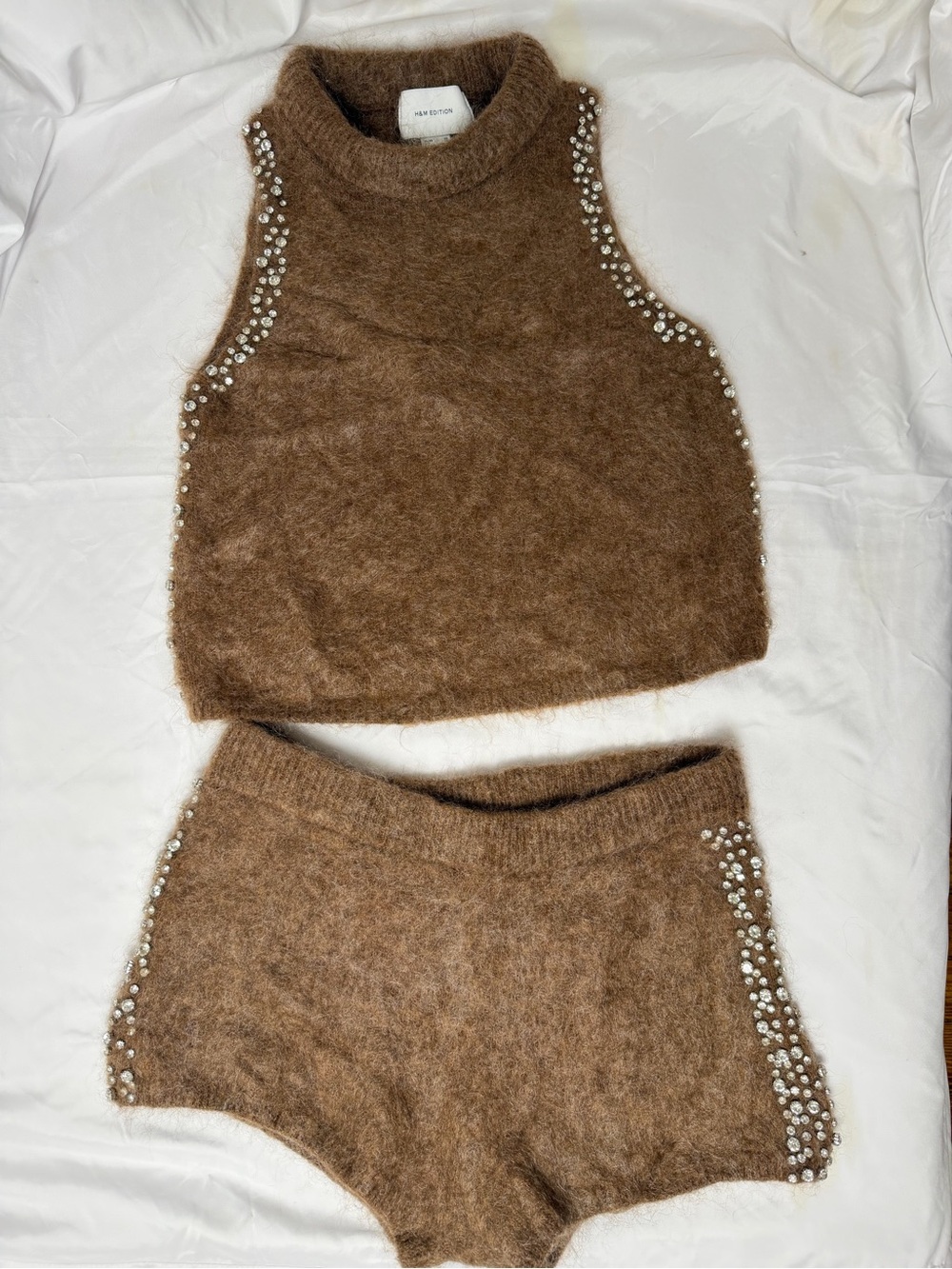 H&M Brown Fuzzy Knit Pearl-Trim Cowl Neck Tank & Shorts Set